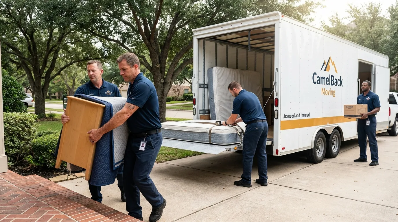 Crew loading residential truck for cross-state move from Grayville, IL