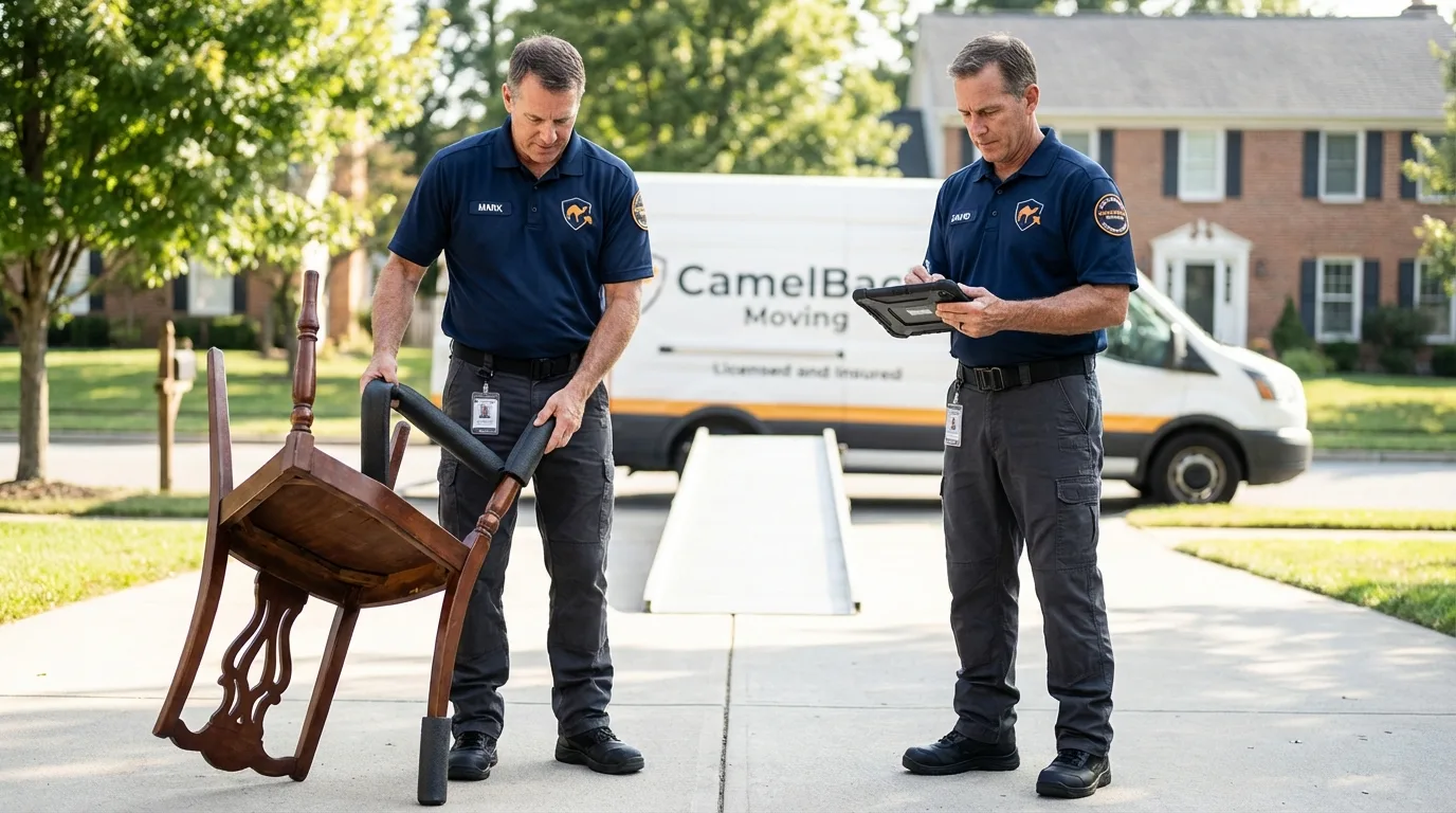 Movers inspecting furniture for damage prevention before loading in Grayville, IL